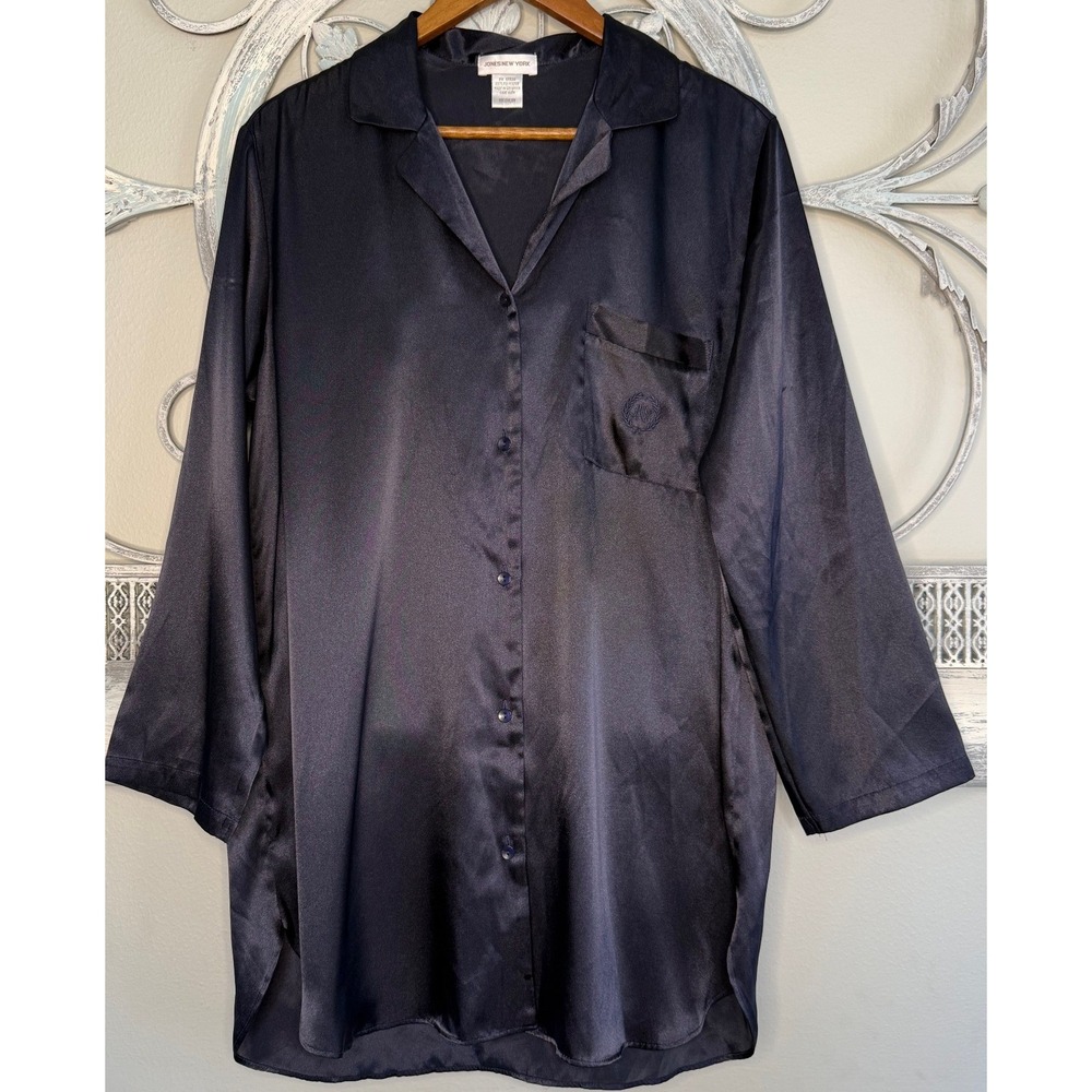 Vintage Jones New York Navy Blue Satin Button Down Nightshirt Sleep Shirt Medium